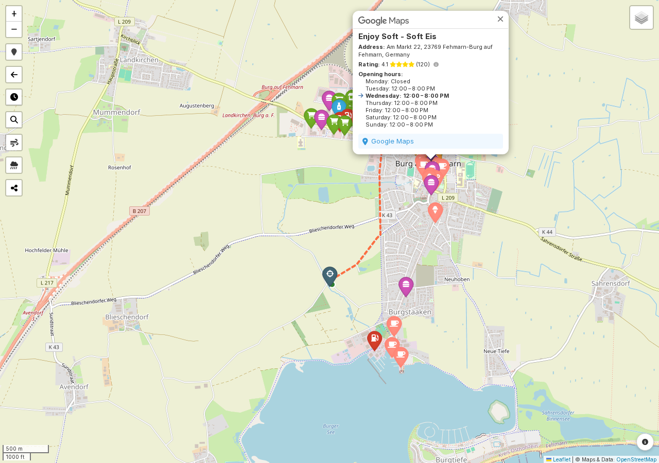 Screenshot: Get details result showing address, rating, and opening hours