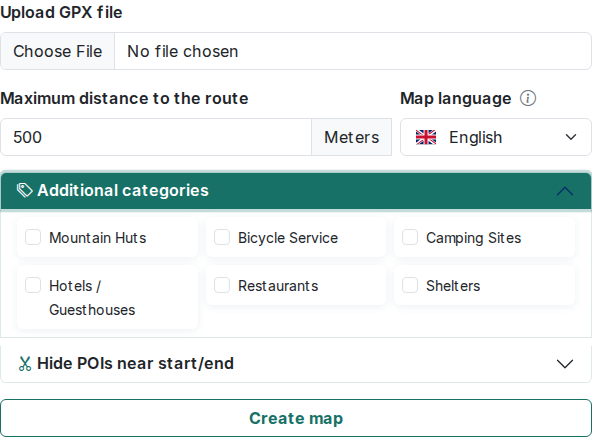 Screenshot: GPX upload form with additional categories expanded