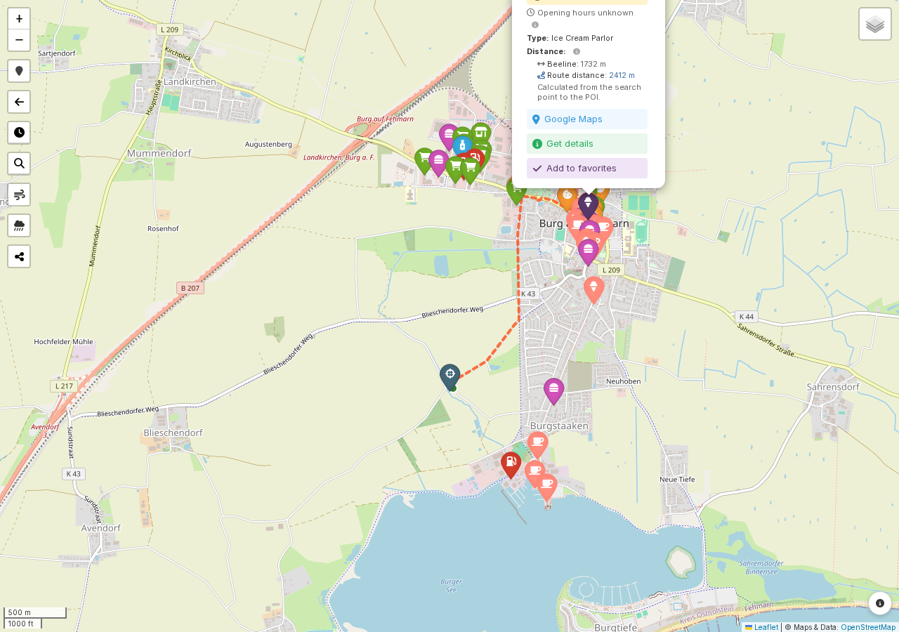 Screenshot: expanded Distance section showing beeline and route distance with explanation