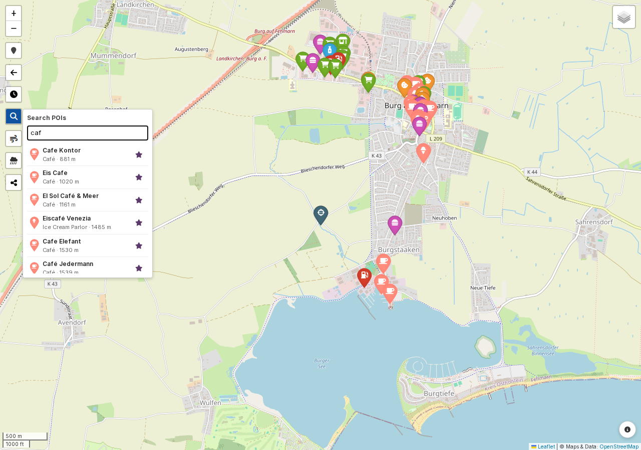 Screenshot: POI search control with results filtered by name