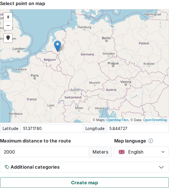 Screenshot: point search tab with a marker placed on the mini map