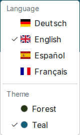 Screenshot: gear menu with language and theme options