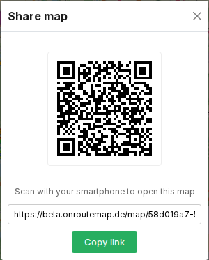 Screenshot: the share button's popup with QR code and copy-link field
